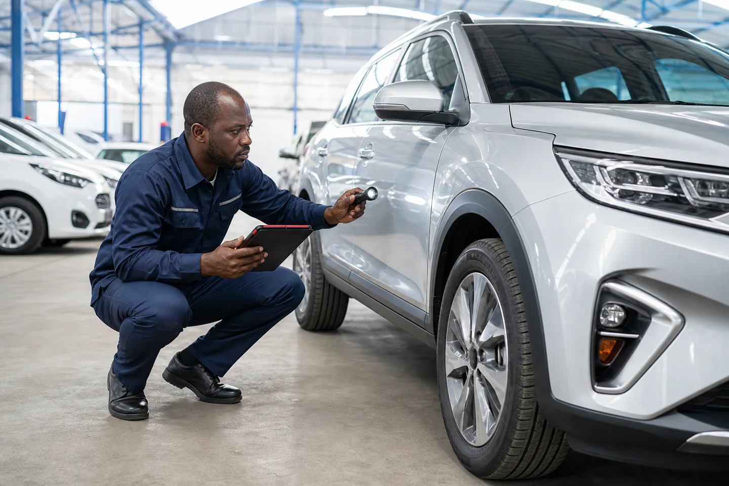 Automobile procurement specialist inspecting a vehicle before purchase